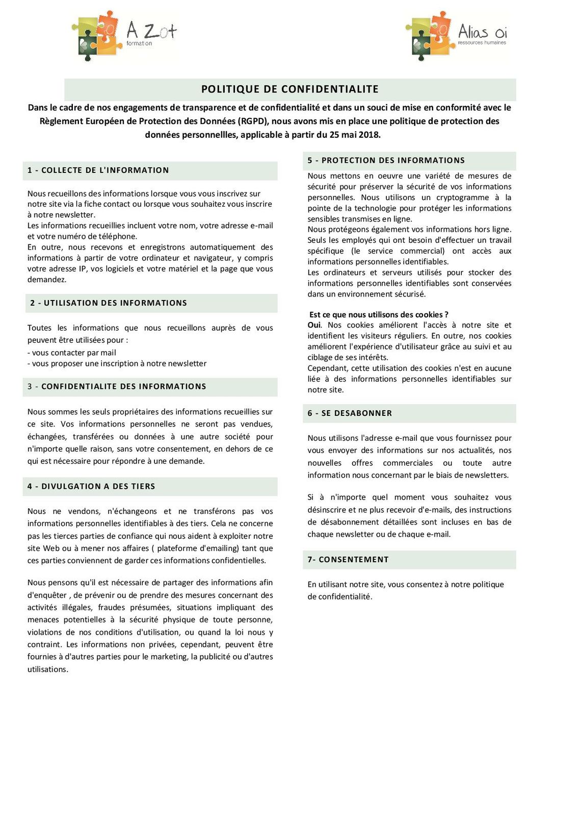 CHARTE DE CONFIDENTIALITE